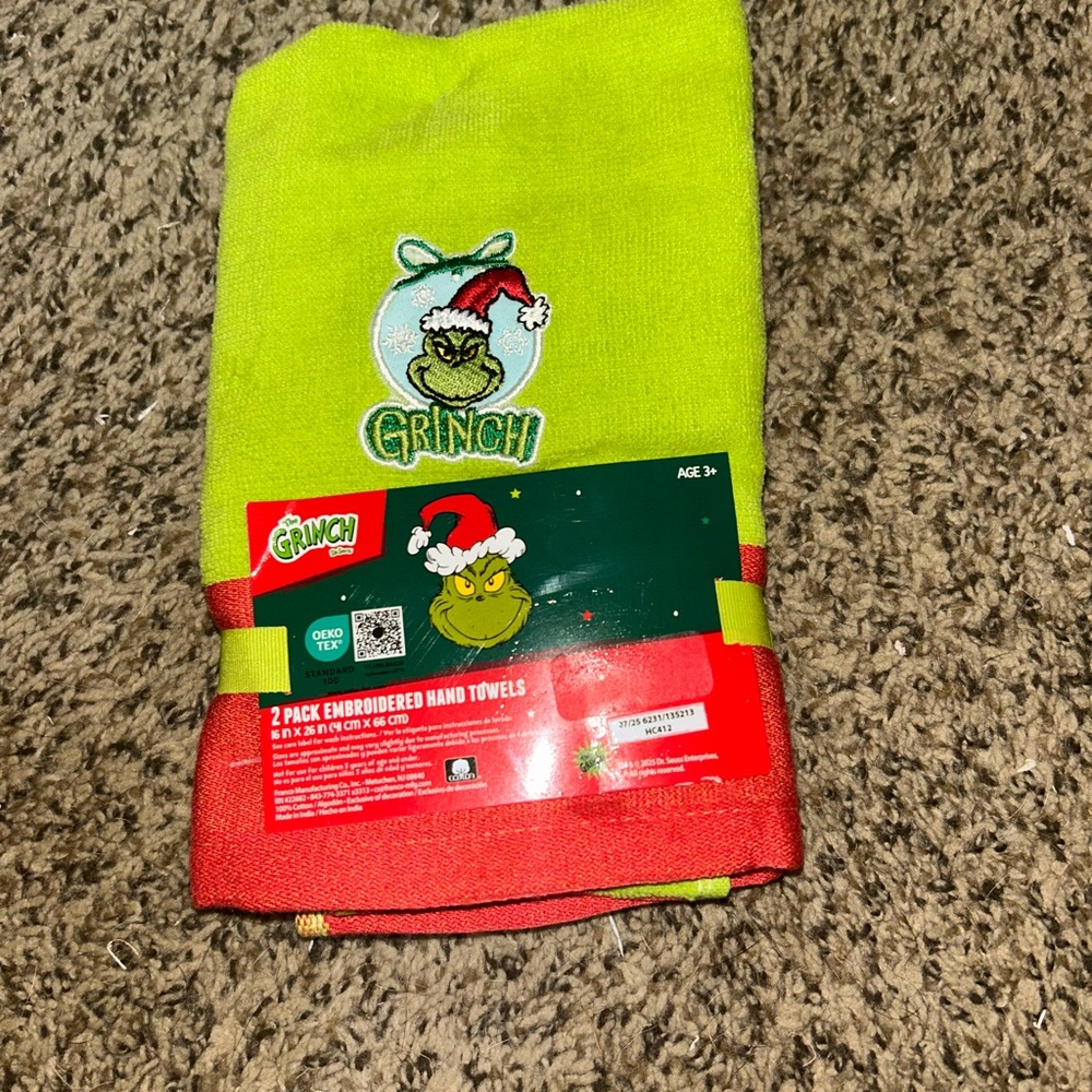 Grinch Christmas Embroidered Hand Towels - Green and Red